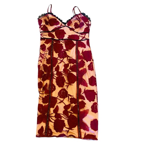 Lulus Alluring Dream Burgundy Floral Mesh Lace Trumpet Midi Dress Red - Picture 5 of 9